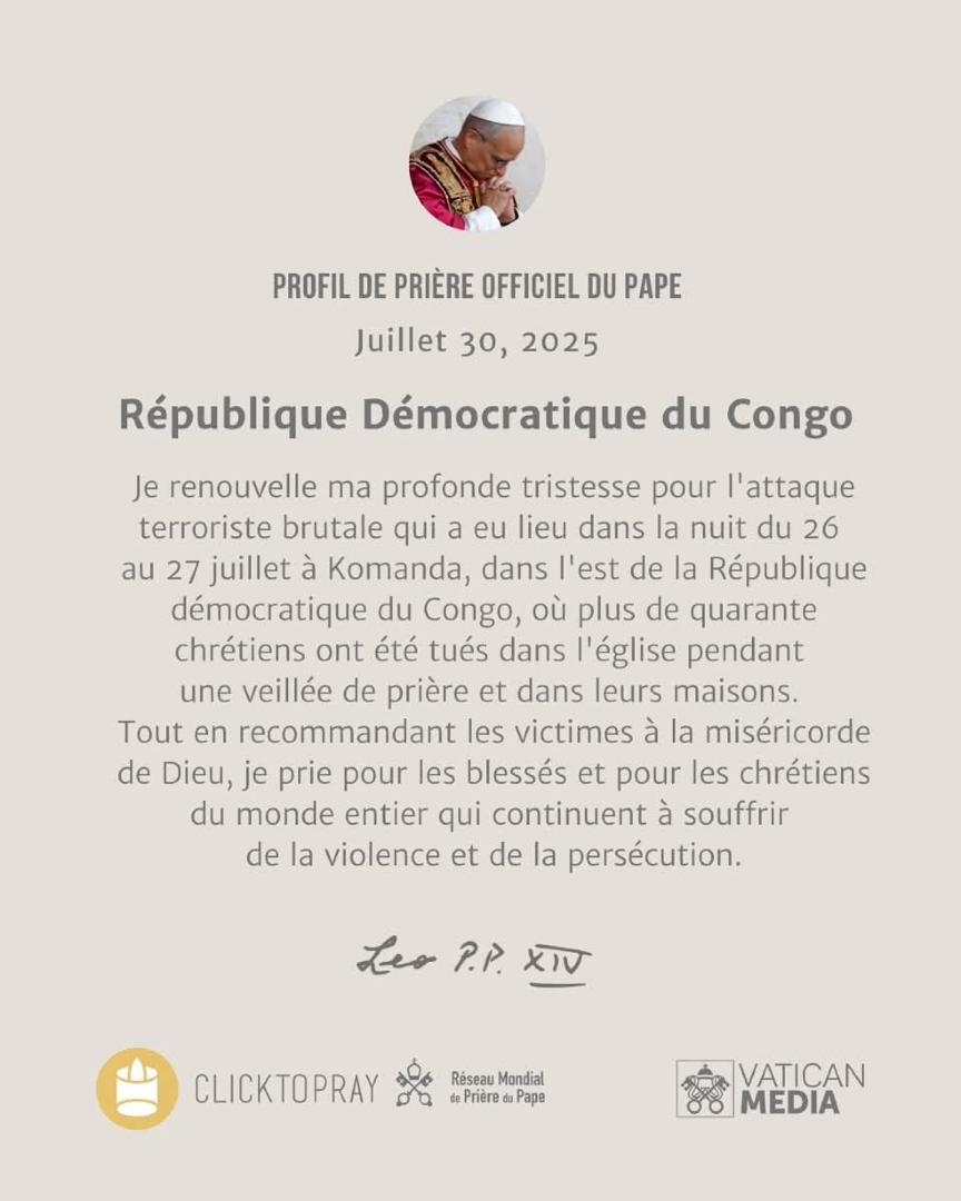 Pope Leo sent a message of condolences to the bereaved families and the Christian community who lost their relatives and friends in the assault, saying he would pray for them